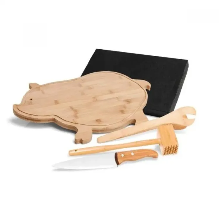 KIT PARA COZINHA EM BAMBU COM TÁBUA FORMATO PORCO