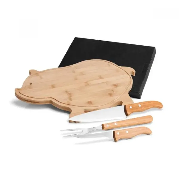 KIT PARA COZINHA EM BAMBU COM TÁBUA PORCO - 4 PÇS