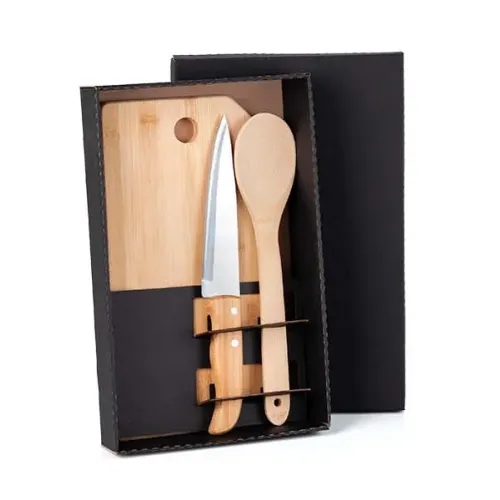 KIT PARA COZINHA EM BAMBU / INOX - 3 PÇS