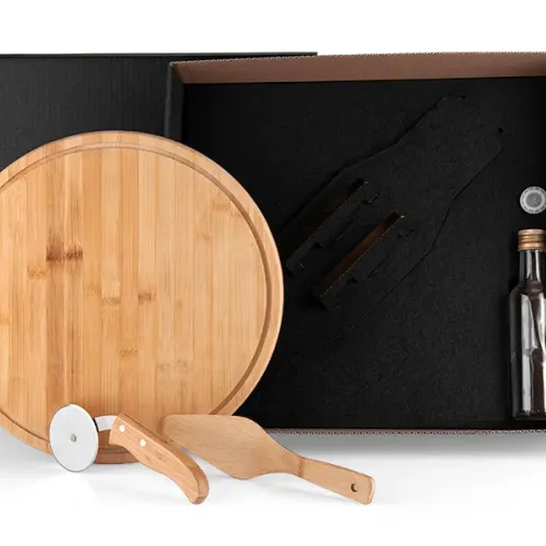 KIT PARA PIZZA COM GARRAFA - BAMBU / INOX / VIDRO - 4 PÇS