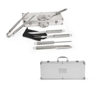 MACE. Kit churrasco em estojo de alumínio com luva de cozinha em poliéster e 6 utensílios em aço inox