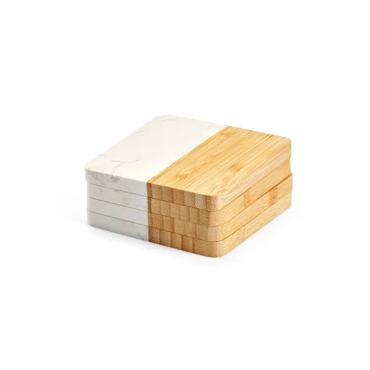 MARBOO CUP. Conjunto de 4 porta copos em mármore e bambu
