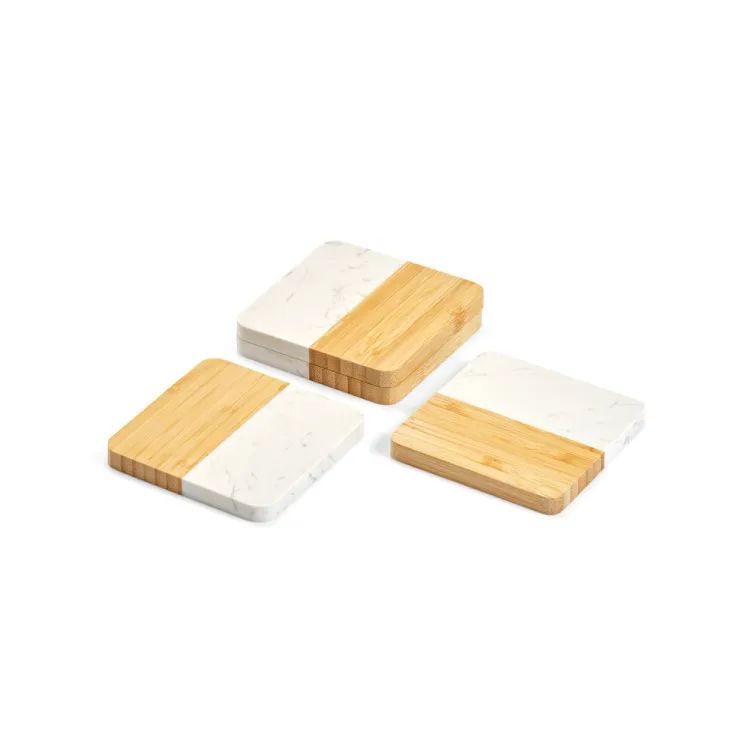 MARBOO CUP. Conjunto de 4 porta copos em mármore e bambu