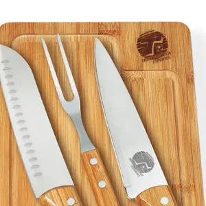 KIT PARA CHURRASCO EM BAMBU/INOX COM FACA SANTOKU - 4 PÇS