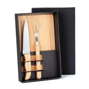 KIT PARA CHURRASCO EM BAMBU / MADEIRA / INOX - 3 PÇS