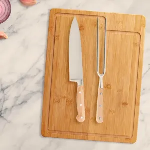 KIT PARA CHURRASCO EM BAMBU / INOX COM TÁBUA - 3 PÇS