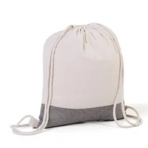 MOCHILA SACOLA EM ALGODÃO RECICLADO - BEGE NATURAL / MELANGE CINZA - 37X41CM